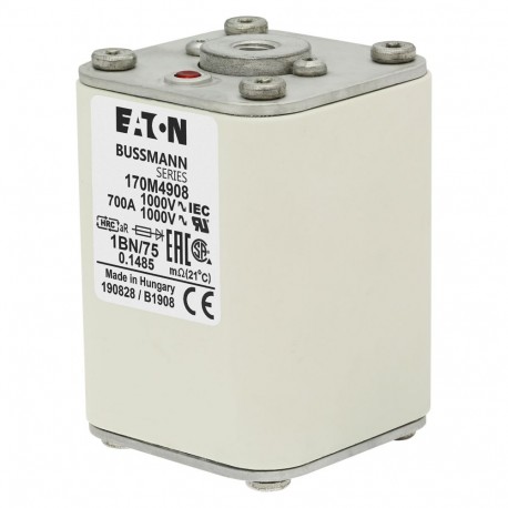 FUSE 700A 1000V 1BN/75 AR UC - FUSE 700A 1000V 1BN/75 AR UC 170M4908 EATON ELECTRIC Fuse-link, high speed, 700 A, AC 1000 V, size 1, 53 x 5..