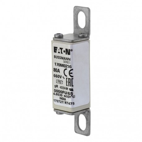 FUSE 80A 660V 0000FU/65 AR UR - FUSE 80A 660V 0000FU/65 AR UR 170M0216 EATON ELECTRIC Fuse-link, high speed, 80 A, AC 660 V, size 0000, 18 x..