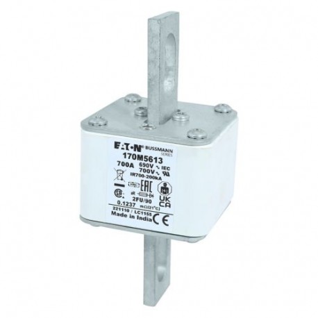 FUSE 700A 690V 2FU/90 AR UC - FUSE 700A 690V 2FU/90 AR UC 170M5613 EATON ELECTRIC Fuse-link, high speed, 700 A, AC 690 V, size 2, 61 x 77 ..
