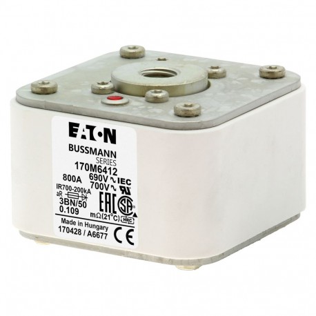 FUSE 800A 690V 3BN/50 AR UC - FUSE 800A 690V 3BN/50 AR UC 170M6412 EATON ELECTRIC Fuse-link, high speed, 800 A, AC 690 V, size 3, aR, IEC,..