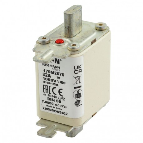 FUSE 32A 1000V DIN 00 AR - FUSE 32A 1000V DIN 00 AR 170M2675 EATON ELECTRIC Fuse-link, high speed, 25 A, AC 1000 V, DIN 00, aR, DIN, IE..