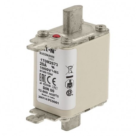 FUSE 20A 1000V DIN 00 AR - FUSE 20A 1000V DIN 00 AR 170M2673 EATON ELECTRIC Fuse-link, high speed, 20 A, AC 1000 V, DIN 00, aR, DIN, IE..