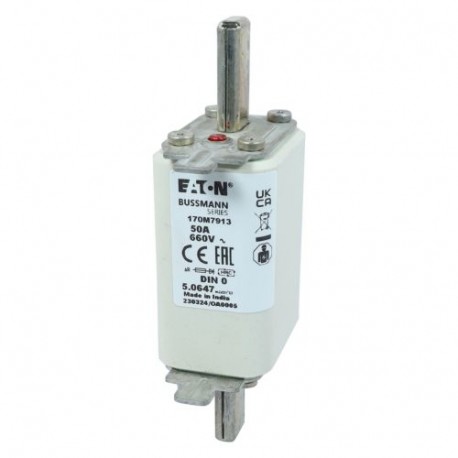 FUSE 50A 660V DIN 0 AR - FUSE 50A 660V DIN 0 AR 170M7913 EATON ELECTRIC Fuse-link, high speed, 25 A, AC 660 V, DIN 0, aR, DIN, IEC, s..