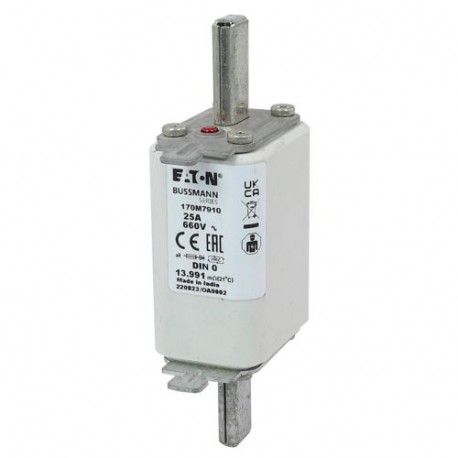 FUSE 25A 660V DIN 0 AR - FUSE 25A 660V DIN 0 AR 170M7910 EATON ELECTRIC Fuse-link, high speed, 25 A, AC 660 V, DIN 0, aR, DIN, IEC, s..