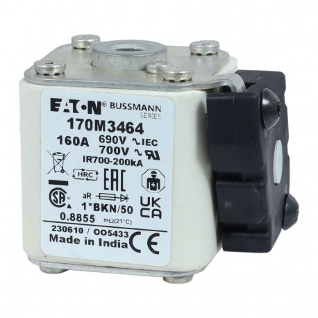 FUSE 160A 690V 1*BKN/50 AR UC - FUSE 160A 690V 1*BKN/50 AR UC 170M3464 EATON ELECTRIC Fuse-link, high speed, 160 A, AC 690 V, compact size 1..
