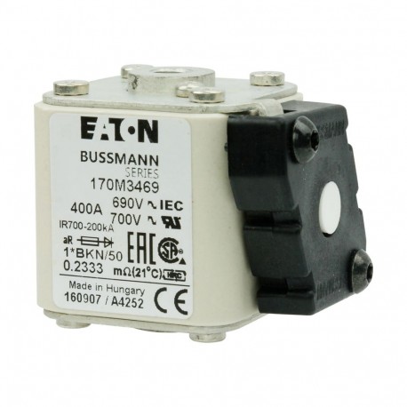 FUSE 400A 690V 1*BKN/50 AR UC - FUSE 400A 690V 1*BKN/50 AR UC 170M3469 EATON ELECTRIC Fuse-link, high speed, 400 A, AC 690 V, compact size 1..