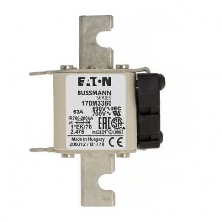 FUSE 63A 690V 1*EK/76 AR UC - FUSE 63A 690V 1*EK/76 AR UC 170M3360 EATON ELECTRIC Fuse-link, high speed, 63 A, AC 690 V, compact size 1, 4..