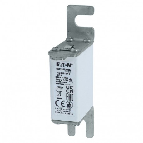 FUSE 63A 690V 000TN/80 GR UC - FUSE 63A 690V 000TN/80 GR UC 170M1415 EATON ELECTRIC Fuse-link, high speed, 63 A, AC 690 V, DIN 000, gR, DIN..