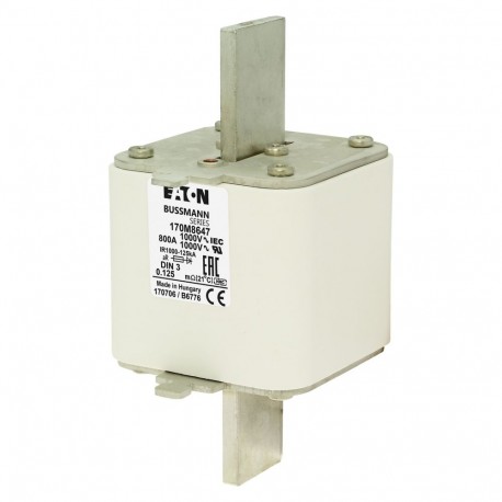 FUSE 800A 1000V DIN 3 AR UR - FUSE 800A 1000V DIN 3 AR UR 170M8647 EATON ELECTRIC Fuse-link, high speed, 800 A, AC 1000 V, DIN 2, 59 x 77 ..