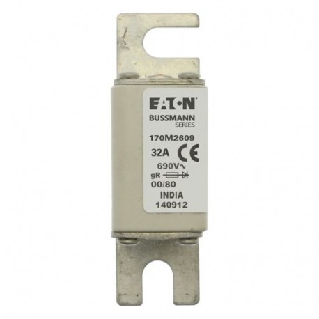 FUSE 32A 690V 00/80 GR - FUSE 32A 690V 00/80 GR 170M2609 EATON ELECTRIC Fuse-link, high speed, 32 A, AC 690 V, DIN 00, 30 x 51 x 100 ..