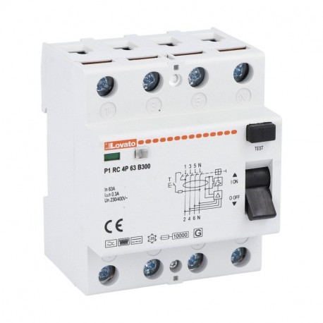 P1RC4P63B300 - P1RC4P63B300 LOVATO RESIDUAL CURRENT OPERATED CIRCUIT BREAKER, 4 MODULES, 4P TYPE B, 63A, 300mA