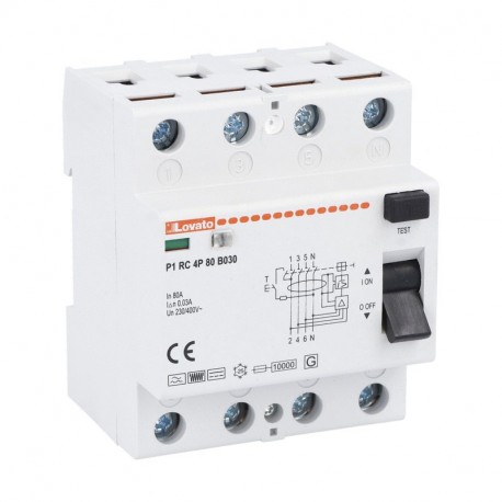 P1RC4P80B030 - P1RC4P80B030 LOVATO RESIDUAL CURRENT OPERATED CIRCUIT BREAKER, 4 MODULES, 4P TYPE B, 80A, 30mA