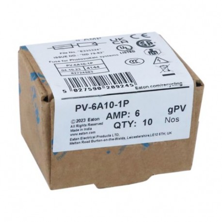 PV-6A10-1P - PV-6A10-1P EATON ELECTRIC Fuse-link, high speed, 10 A, DC 1000 V, IEC 60269-6 type A, 10 x 38 mm, gPV, UL PV..