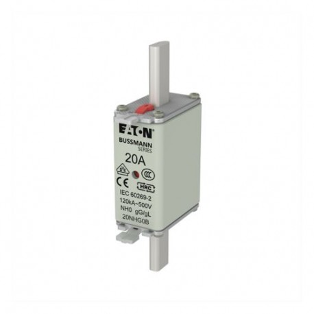 20NHG0B - 20NHG0B EATON ELECTRIC Fuse-link, LV, 20 A, AC 500 V, NH0, gL/gG, IEC, dual indicator, live gripping lugs