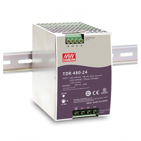 TDR-480-48 - TDR-480-48 MEANWELL AC-DC Industrial 3-phase DIN rail power supply with PFC and Constant Current, Output 48V..