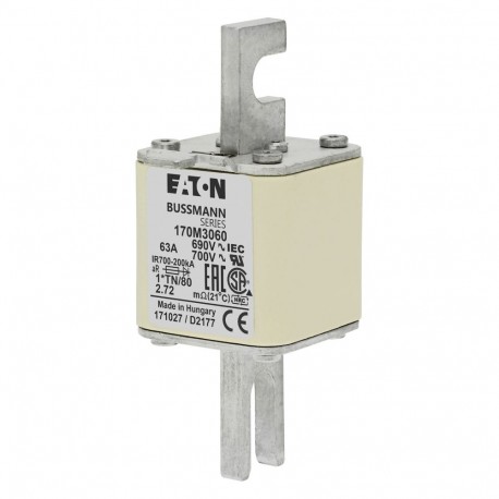 FUSE 63A 690V 1*TN/80 AR UC - FUSE 63A 690V 1*TN/80 AR UC 170M3060 EATON ELECTRIC Fuse-link, high speed, 63 A, AC 690 V, compact DIN 1, 45..