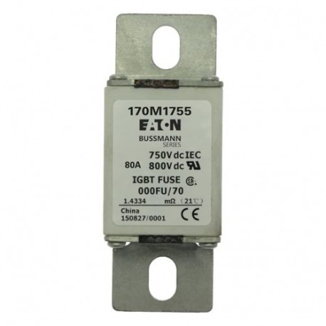 FUSE 80A 750V DC IEC aR 000FU/70 - FUSE 80A 750V DC IEC aR 000FU/70 170M1755 EATON ELECTRIC Fuse-link, high speed, 800 A, AC 2000 V, size 3, 99..