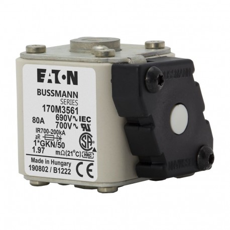 FUSE 80A 690V 1*GKN/50 AR UC - FUSE 80A 690V 1*GKN/50 AR UC 170M3561 EATON ELECTRIC Fuse-link, high speed, 80 A, AC 690 V, compact size 1, ..