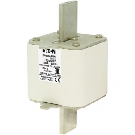 FUSE 900A 690V DIN 3 GR - FUSE 900A 690V DIN 3 GR 170M6092 EATON ELECTRIC Fuse-link, high speed, 900 A, AC 690 V, DIN 3, 75 x 89 x 150..