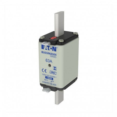 63NHFF1BI-400 - 63NHFF1BI-400 EATON ELECTRIC Fuse-link, LV, 63 A, AC 400 V, NH1, gFF, IEC, dual indicator, insulated grippin..
