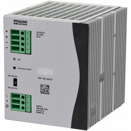 85137 - 85137 MURRELEKTRONIK Eco-Rail-2 Power Supply 1-phase IN: 90 ... 132 VAC / 173 … 264 VAC OUT: 24V/20ADC