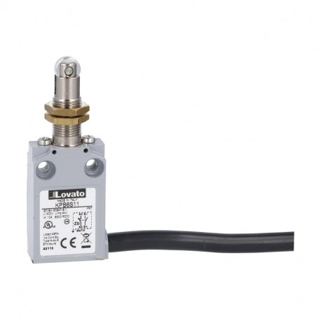 KPB6L11 - KPB6L11 LOVATO PREWIRED METAL LIMIT SWITCH, K SERIES, TOP ROLLER PUSH PLUNGER. M12 HEAD, CONTACTS 1NO+1NC SL..