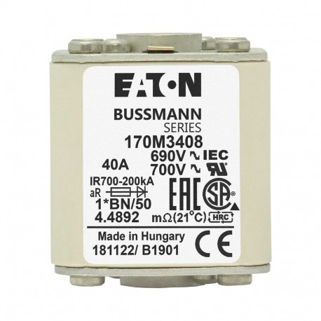 FUSE 40A 690V 1*BN/50 AR UC - FUSE 40A 690V 1*BN/50 AR UC 170M3408 EATON ELECTRIC FUSE 40A 690V 1*BN/50 AR UC