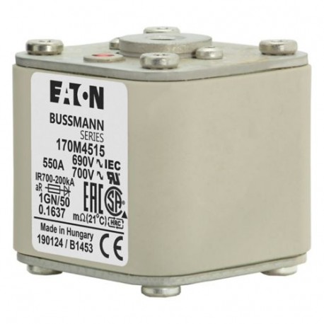 FUSE 550A 690V 1GN/50 AR UC - FUSE 550A 690V 1GN/50 AR UC 170M4515 EATON ELECTRIC FUSE 550A 690V 1GN/50 AR UC